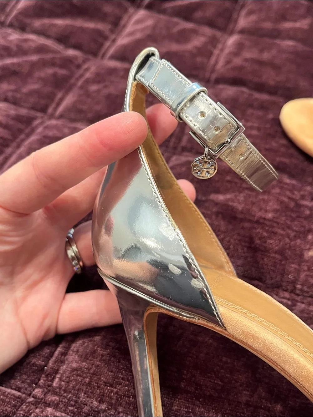 Tory Burch Ellie Nude Suede and Silver Ankle-Strap Sandal